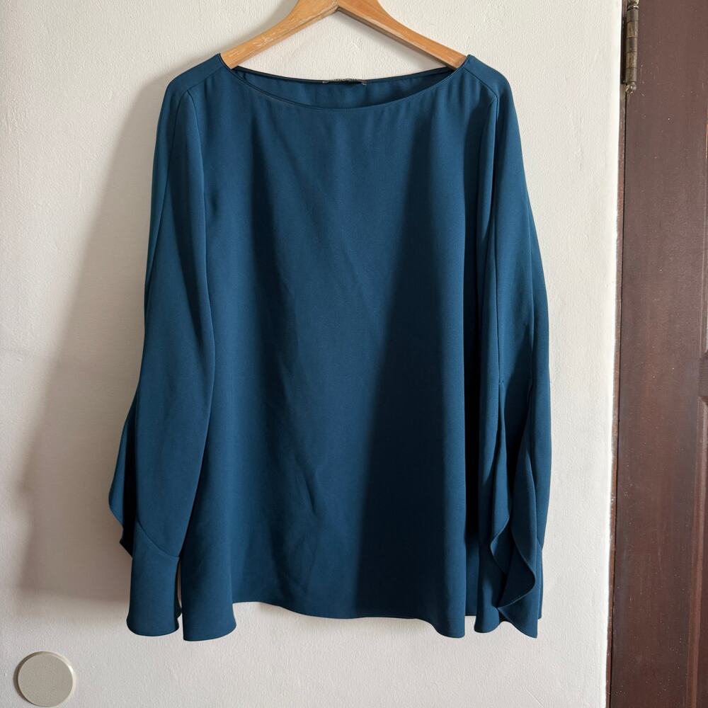 LAFAYETTE 148 | Dark Teal Boat Neck Split Bell Sleeve Blouse | Extra Large